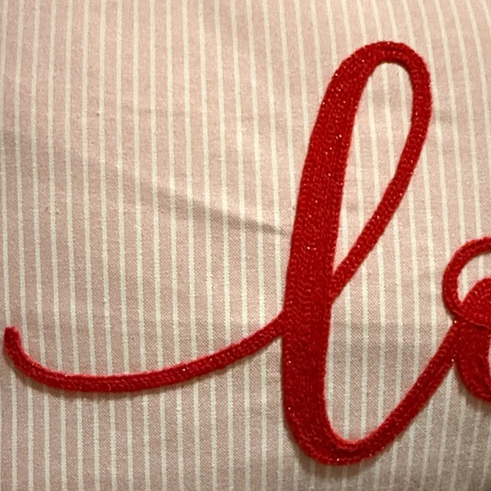 Hobby Lobby Pink Stripe Pillow with Red Script & Scalloped Trim